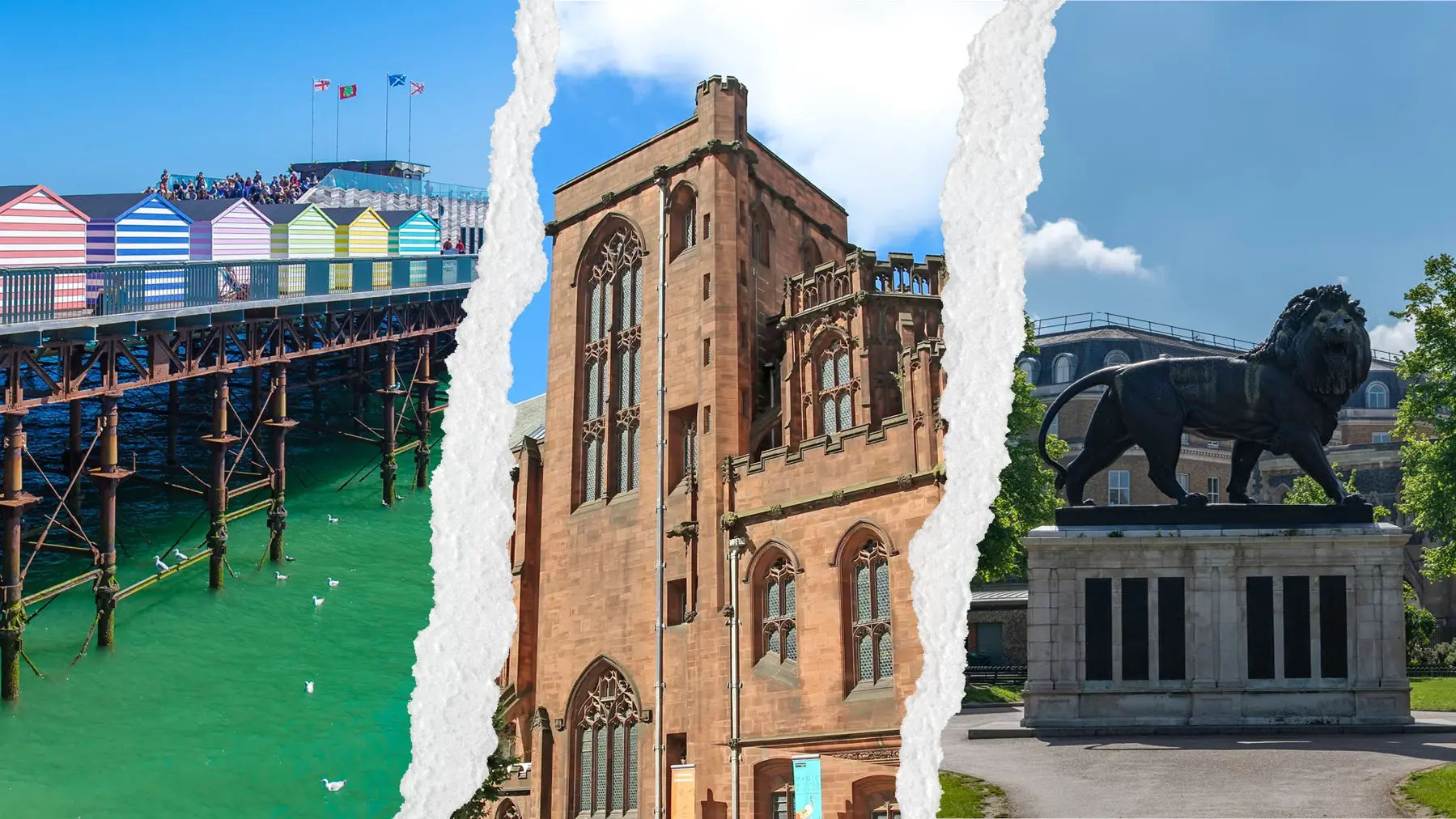 Three separate images showing Hastings, Reading and Manchester tourist locations