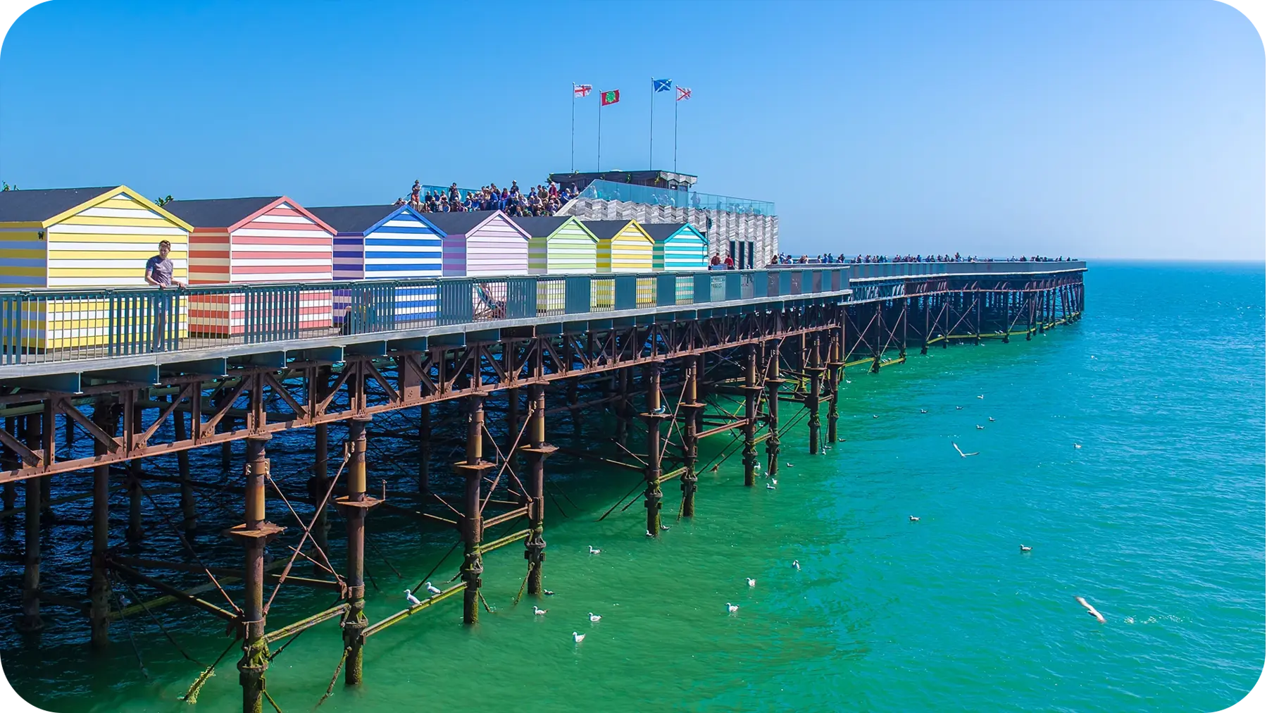 Hastings pier with multi-coloured beach huts on it